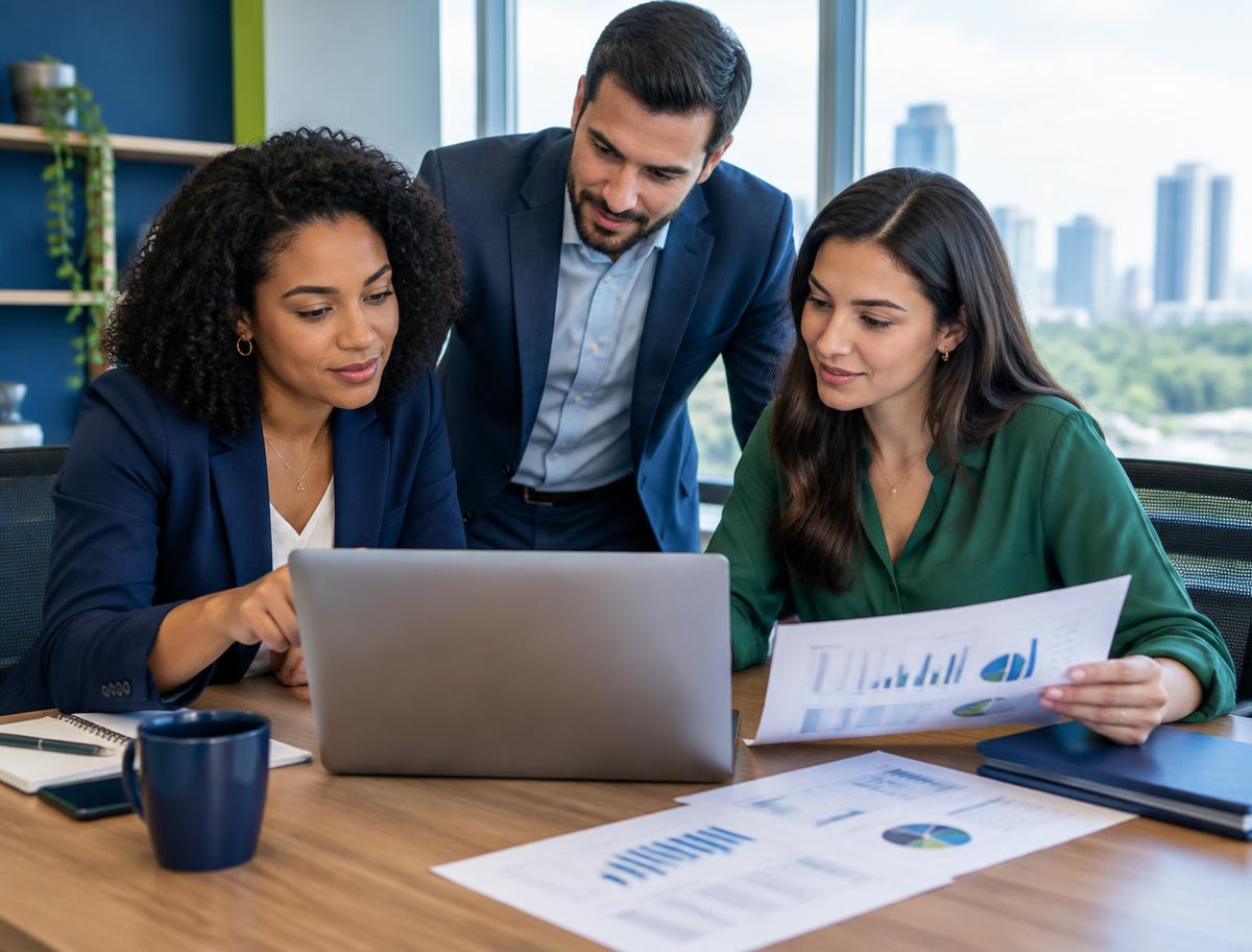 Equipe de especialistas analisando informações financeiras